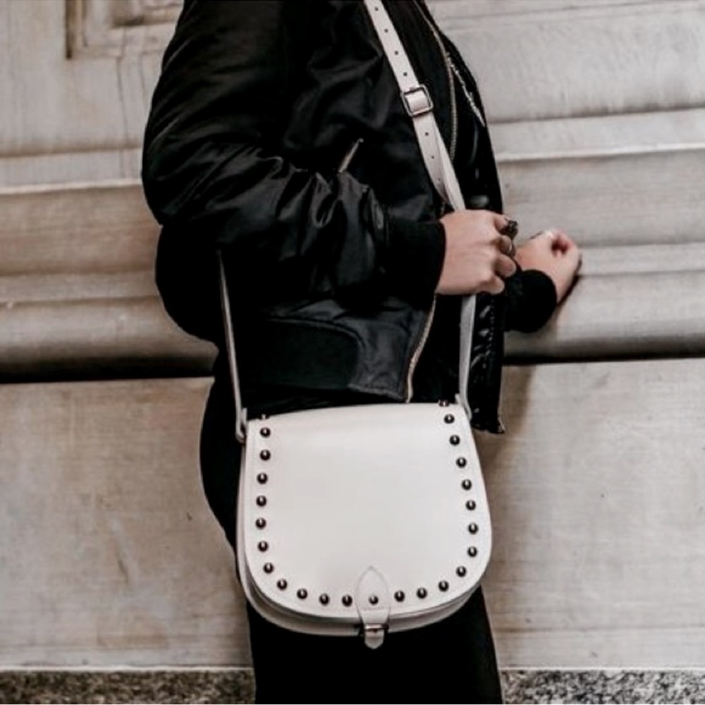 White,Oyster, studded, genuine leather crossbody bag purse